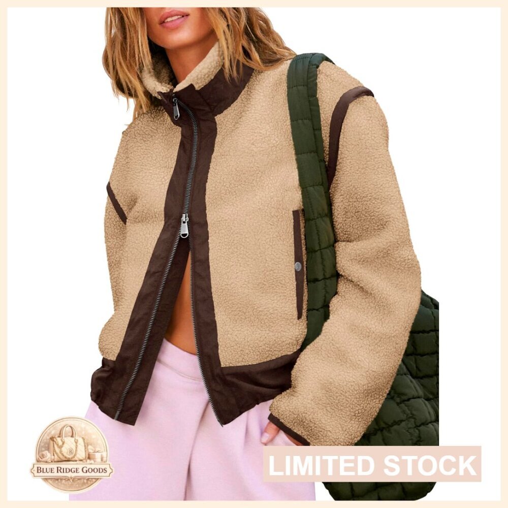 Cropped Zip Up Fleece Jacket with Sherpa Lining Color Block Teddy Outerwear